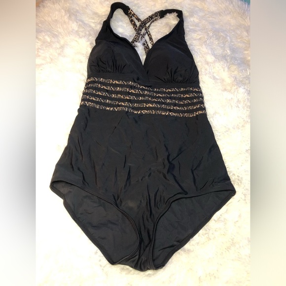 Black One-Piece Swimsuit with Patterned Straps - Picture 16 of 16